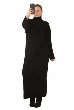 Ladies Knitted Maxi Dress Long Sleeve High Funnel Neck Pullover Jumper – Women’s Winter Warm Ribbed Long Dress, Soft Stretchy One Size Fit (UK 8–16) (UK, Numeric, 8, 16, Regular, Regular, Black)