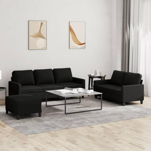 CKioict 3-TLG. Sofagarnitur mit Kissen Schwarz Stoff, Langlebige Polstergarnitur mit Fußhocker, Robustes Gestell aus Sperrholz und Metall, Bequeme Sitzfläche und Armlehnen,