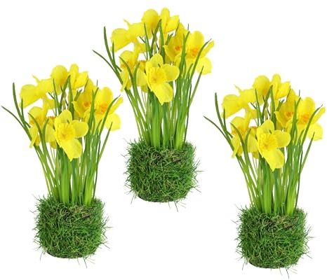 Set di 3 narcisi artificiali nell'erba, 22 cm, fiori artificiali gialli, decorazione primaverile, decorazione pasquale da tavolo, davanzale della finestra, facile da pulire