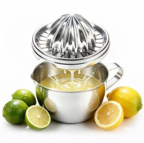 Exprimidor Manual Acero Inoxidable 304 con 500 ml Recipiente y 2 Cabezales - Exprimidor Limon Portátil, Lavable en Lavavajillas, Resistente al Óxido - Para Limón, Lima, Naranja, Pomelo y Cítricos