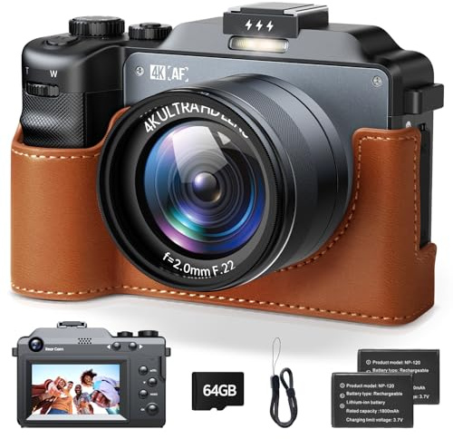 4K Digital Camera for Photography, 64MP Dual Lens Camera for Vlogging with 18X Digital Zoom & Autofocus, Compact Point and Shoot Cameras for Beginner with 2 Batteries, 64GB Card