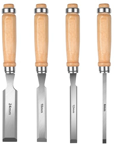 4 Pcs Formones para Madera, 6/12/18/24 mm Cinceles para Madera, Herramientas para Trabajar la Maderas con tapa de impacto para herramientas de tallado de maderas