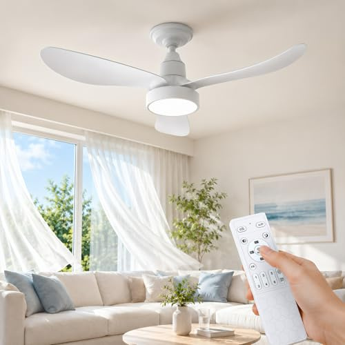 27 Inch Flush Mount Ceiling Fan with Light and Remote, Low Profile Modern Ceiling Fan with Reversible DC Motor, 6-Speed, Dimmable LED, 3 Color Temperatures, Quiet Fan for Bedroom Living Room, White