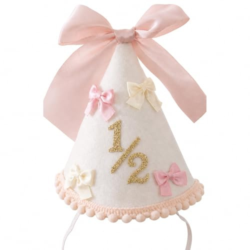 Corona Cumpleaños Bebé 1/2 Fieltro con Lazo Rosa Grande, Mini Lazos, Número Dorado y Borde Pompón, Gorro para Bebé de 6 Meses, Decoración en Fieltro para Cake Smash y Foto Recuerdo Familiar
