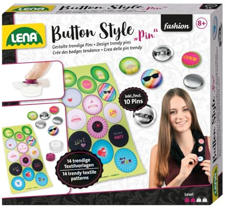 Lena 42566 – Craftset Button Style Pin, komplett set för coola knappar med 10 metallknappar, verktyg, 14 textilmallar med bra mönster och ordspråk, mode styling set för barn från 8 år