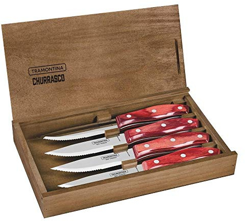 Tramontina Churrasco Rio Grande - Set di coltelli da bistecca, in acciaio INOX e legno di pino, colore: Rosso