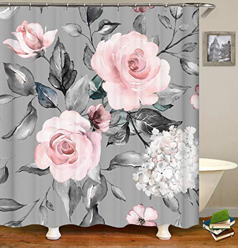 OCCIGANT Floral Shower Curtain Set with Hooks, Chic Rose Flowers with Leaves Seamless Pattern Hand Drawn Botanic,Waterproof Polyester Fabric Bathroom Decor Curtain,Grey Pink