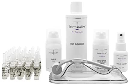 Dermaroller Skincare Set zur Gesichtspflege mit Hyaluron-Ampullen, Skin Cleanser, Hyal C, Lipopeptide Creme + Original Dermaroller Nadelroller HC902 Set FOR FREE