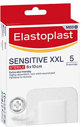 Elastoplast Sensitive XXL Med+ Dressings (5 Strips), Pack of First Aid Plasters, Larger Everyday use for Post-Operative Wounds, Skin-Friendly Sterile Dressings for Wounds, 0% Latex, Clear