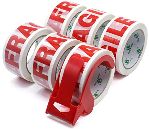 BOMEI PACK FRAGILE 48 mm x 66 m ruban adhésif d'emballage pour colis et boîtes, Rouleau adhesif distributeur 6 rouleaux