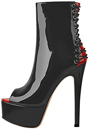 Only maker Women's Sexy Platform Ankle Boots with Side Zipper Peep Toe Stiletto High Heel Punk Biker Motorcycle Booties Crisscross Back Straps Red and Black Size 11