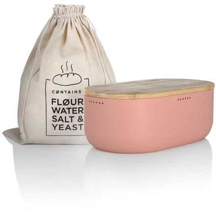 LARS NYSØM Brotkasten I Brotbox aus Metall mit Brotsack aus Leinen für langanhaltende Frische I Brotdose mit hochwertigem Bambusdeckel verwendbar als Schneidebrett I 36x19x13cm (Blush Rose)