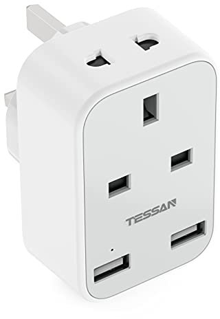 Shaver Plug Adaptor UK with Double USB, TESSAN Toothbrush Shaver Adapter, 2 Pin to 3 Pin Socket Plug Adaptor for Bathroom Electric Razor, EU US and 10A Fused