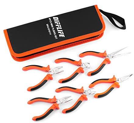 DIFFLIFE Mini Pliers Set, 6-Piece NeedleNose, Diagonal, Long, Bent, End Cutting and Linesman, for Jewelry, Making Crafts, Repairing Electronic Devices, with Pouch (6-Piece)