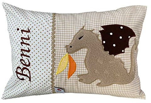 Glückspilz Namenskissen, Babykissen mit Namen Bestickt, Drache beige, 30 x 45 cm