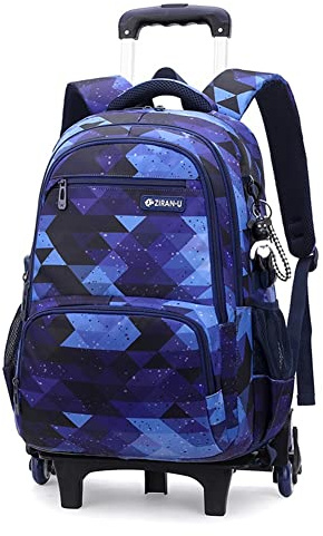 ANSIEDIO Laptop Ryggsäck med hjul, Vattentät ryggsäck Rullande ryggsäck Trolley Skolväska för pojkar Grils, Hjul Reseväska Skolväska Ryggsäckar för skola/utomhus/resor (blått block)