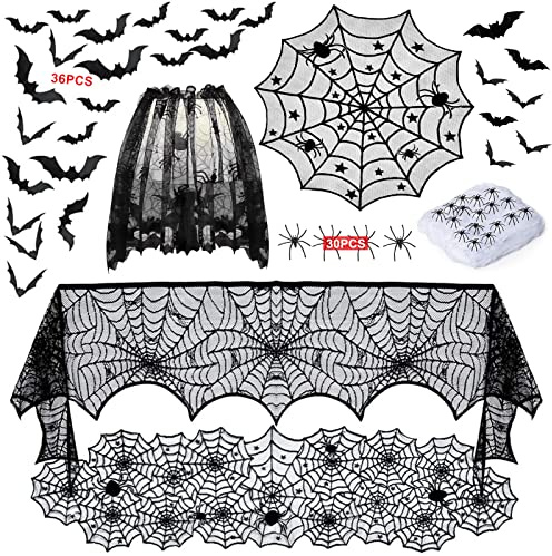 Halloween Tischdecke Deko, Halloween Tischdeko Spinnennetz Rechteckige Kamin Schal Runde Tischdecke mit 36 Stück 3D Fledermaus Wandaufkleber, Halloween Deko für Wohnzimmer Esszimmer Kamin