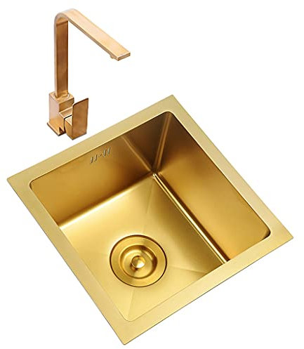 Spülbecken. Bartheken-Vorbereitung mit Einzelschüssel, Gold, mit Wasserhahn und Abflussrohr, Einbau- oder Unterbauwaschbecken (Gold 45 × 45 cm)