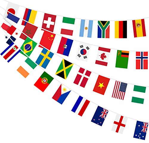 AhfuLife 2 Stück 32 Länder Fahnen Wimpelkette, 32 Länder Beidseitig Stoff Euro Flaggenkette, EM Deko Wimpel Girlande Banner für WM Europa Fußball Eurovision Bar Party Dekoration