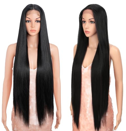 Style Icon Perücke 38 Inches Super Long Straight Lace Front Wig for Women Synthetic Lace Front Wig Middle Part Lace Wig 150% Density (1B)
