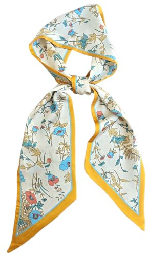 GIMIRO Satin Seidenschal 148 x 13,5 cm Damen Schal aus Polyester, Florales Muster, Cremeweiß mit Gelb und Blau, Moderner Stil (89# Yellow - Cream Flower)