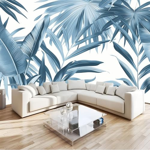 Feuille De Bananier Bleue Papier Peint 3D Panoramique Feuilles De Palmier Grises Intissé Peinture Murale Décor Mural, Pour Salon Chambre Tv Fond Murale Décoration 250 X 175 Cm