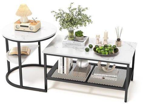 jeerbly Couchtisch 2er Set, Rund und Rechteck Wohnzimmertisch mit Stauraum, Metallrahmen Satztisch mit Marmor Optik, Beistelltisch Sofatisch Weiß & Schwarz