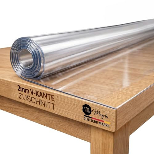 Mayda Tischfolie transparent 2 mm - Glasklar Folie Tischschutz - versch.Größen, Individuell Zuschneidbarer - Schutzfolie mit abgeschrägten Kanten für Tisch - Abwaschbare Tischdecke (B-50 x L-75 cm)