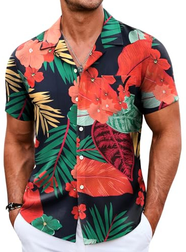 COOFANDY Hawaiiansk skjorta för män, kortärmad, avslappnad, funky strandskjorta, sommartröjor med ficka, Marinblå blomblad, 3XL