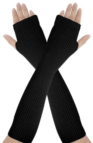 AUYAO Winter Armstulpen Damen Thermo Gestrickte Fingerlos Handschuhe Warm Strick Handstulpen Unisex Lange Armwärmer Stulpen Pulswärmer Winterhandschuhe mit Daumenloch Über Kinder (E: Schwarz,40cm)