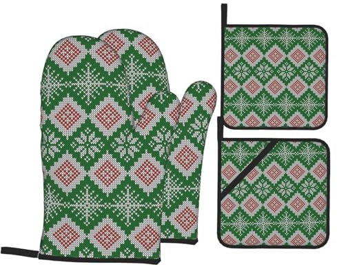 Ofenhandschuhe und Topflappen, gestrickt, skandinavische Schneeflocken, hitzebeständig, Küchen-Backhandschuhe, rutschfeste Oberfläche zum Kochen, Backen, Grillen, Grillen
