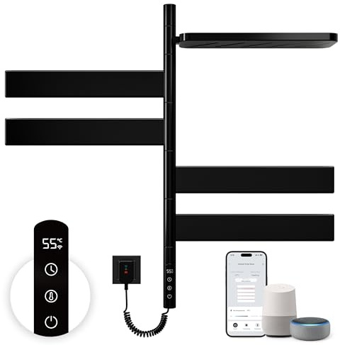 Scaldasalviette Elettrico 760×450 Mm,Rotazione Di 180° Termoarredo Bagno,Scalda Asciugamani Elettrico Termostato Intelligente WiFi Per Il Bagno,Funziona Con Alexa E Google Home E App,Nero/Bianco