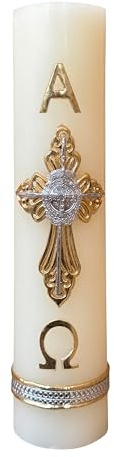 Angelitos de Mexico Handmade Catholic Paschal Candle, Gold Cross Design, Religious Worship Cirio Catolico Cruz Jesus
