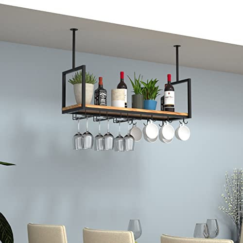 NGAMITSX Portabicchieri da soffitto, portabottiglie da Vino in Metallo e Legno sospeso, Decorazione retrò per la casa con 2 Tipi di portabicchieri da Vino, per Bar, caffetteria, Cucina, Nero, 120 x 3