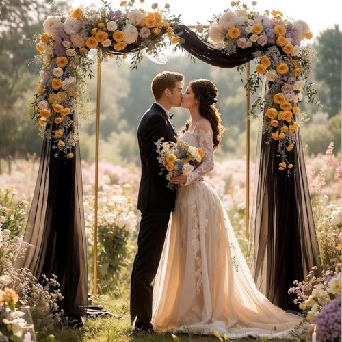 BSTDAYEVER Querbehang Freihanddeko Vorhang Hochzeitsbogen Gardinen Organza | 1.6x8m Schwarz Traubogen Deko Himmelbett Hochzeit Vorhänge Stoff Kulissenvorhänge für Hochzeiten Fotografie Party Zeremonie