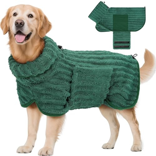 Woiil Hundebademantel aus Mikrofaser, Ultra Saugfähiger Bademantel Hund, Mit Klettverschluss Und Verstellbarem Gummizug, Maschinenwaschbar, Geeignet Für Große, Mittlere Und Kleine Hunde, Grün(XXL)