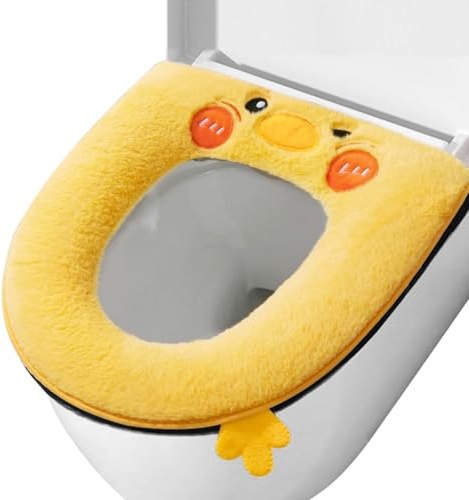 Alwodici Toilet Seat Cover Pad Plush Cartoon Toilet Seat Cushion Universal Toilet Lid with Handle Washable Toilet Seats Covers with Zipper Yellow Padded Toilet Seats Cushion