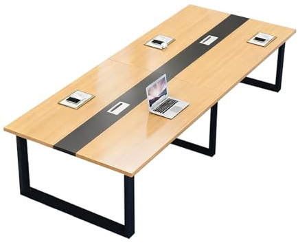 Ampio tavolo da conferenza con gestione dei cavi, tavolo da riunione rettangolare per ufficio con piano in legno e struttura in metallo, perfetto per sale riunioni, seminari e spazi di formazione
