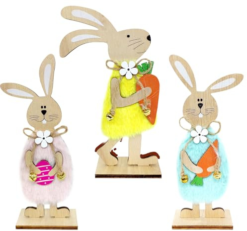 Wooden Easter Bunny Decoration Set, 3-Piece Standing Rabbit Ornaments for Garden and Home(FH3014)
