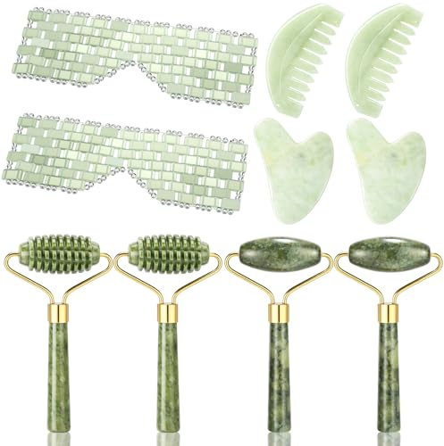 Sliner 10 Pcs Gua Sha Facial Tools Set Jade Eye Mask Scalp Hair Comb Spiked Roller Jade Stone Eye Mask Gua Sha Board White Facial Cooling Set for Spa Relax Alleviate Puffiness Esthetician Supplies