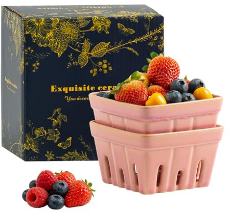 QNMUSUNC Ceramic Berry Basket, 4.2 in Square Set of 2 with Side Drain Holes | Rinsed berries drain easily and stay fresher on the counter, dining table or fridge shelf.