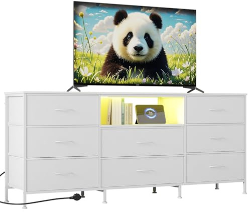Garvee Meuble TV LED avec 8 Tiroirs, Banc TV 160x35x68 cm, Éclairage LED Intégré, Cadre en Acier Et Panneaux De Particules, Meuble Télévision avec Grand Rangement pour Salon Et Chambre