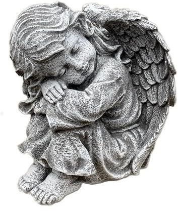 stoneandstyle Steinfigur Engel Mädchen sitzend groß aus massivem Steinguss – 23 cm frostfest & wetterfest – Schutzengel Gartenfigur für Grab, Garten, Terrasse & Gedenkstätte