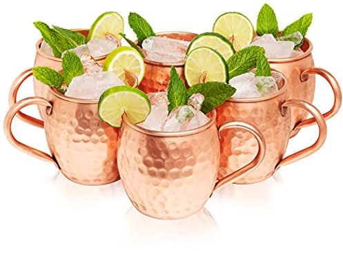 Kitchen Science Moscow Mule Copper Mugs Set of 6 (16oz) | Food Grade 100% Pure Copper Cups | Handcrafted w/Lacquered Hammered Finish, Smooth Rounded Lip, Ergonomic Handle (No Rivet) w/Solid Grip