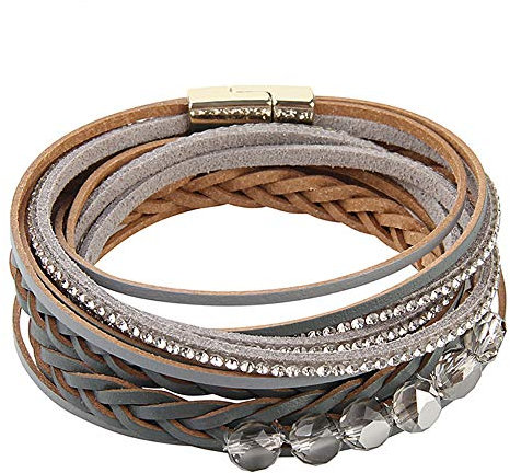 Cheerlife Damen Leder Wickelarmband mit Strass, künstliche Kristallperlen, Flechtelement, Mehrschichtig Magnetverschluss Armband Armschmuck (Grau)