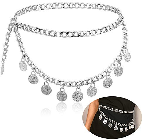 Jurxy Catena della vita in lega Catenina per donna Ciondolo moneta nappa moneta da cintura Catena della pancia Imbracatura regolabile per il corpo per abiti jeans - Argento Stile 8
