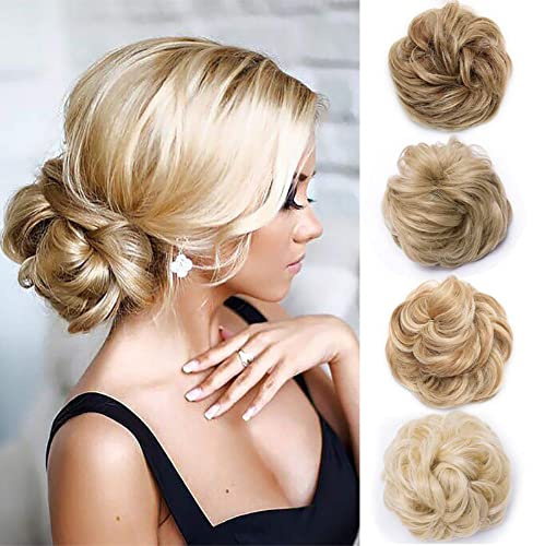 Silk-co Haarteil mit Gummiband, Dutt Gewellte Haaren Weich Dutt Haarteil mit Gummiband 35 g, Gelockt Haarverdickung Hair Extensions Messy Bun Hochsteckfrisuren Dunkelblond & Bleichblond
