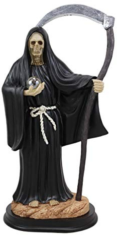 Ebros Gift 12.75 Tall Holy Death Santa Muerte Holding Scythe in Black Tunic Robe Statue Day of The Dead Decorative Figurine Symbol of Protection from The Evil Eye