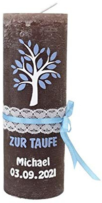 Taufkerzen Jungen Rustic Lebensbaum 190 x 68 mm mit individueller Namensverzierung aus hochwertigen Wachsbuchstaben und Sichtkarton