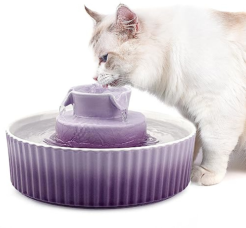NautyPaws Ceramic Cat Water Fountain, Pet Ceramic Water Fountain, 2.1 L Drinking Fountains Bowl for Cats and Dogs with Replacement Filters and Foam(Purple)